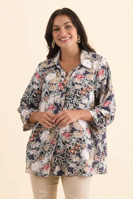 Shanae Navy Garden Collared Shirt made by Blue Bungalow