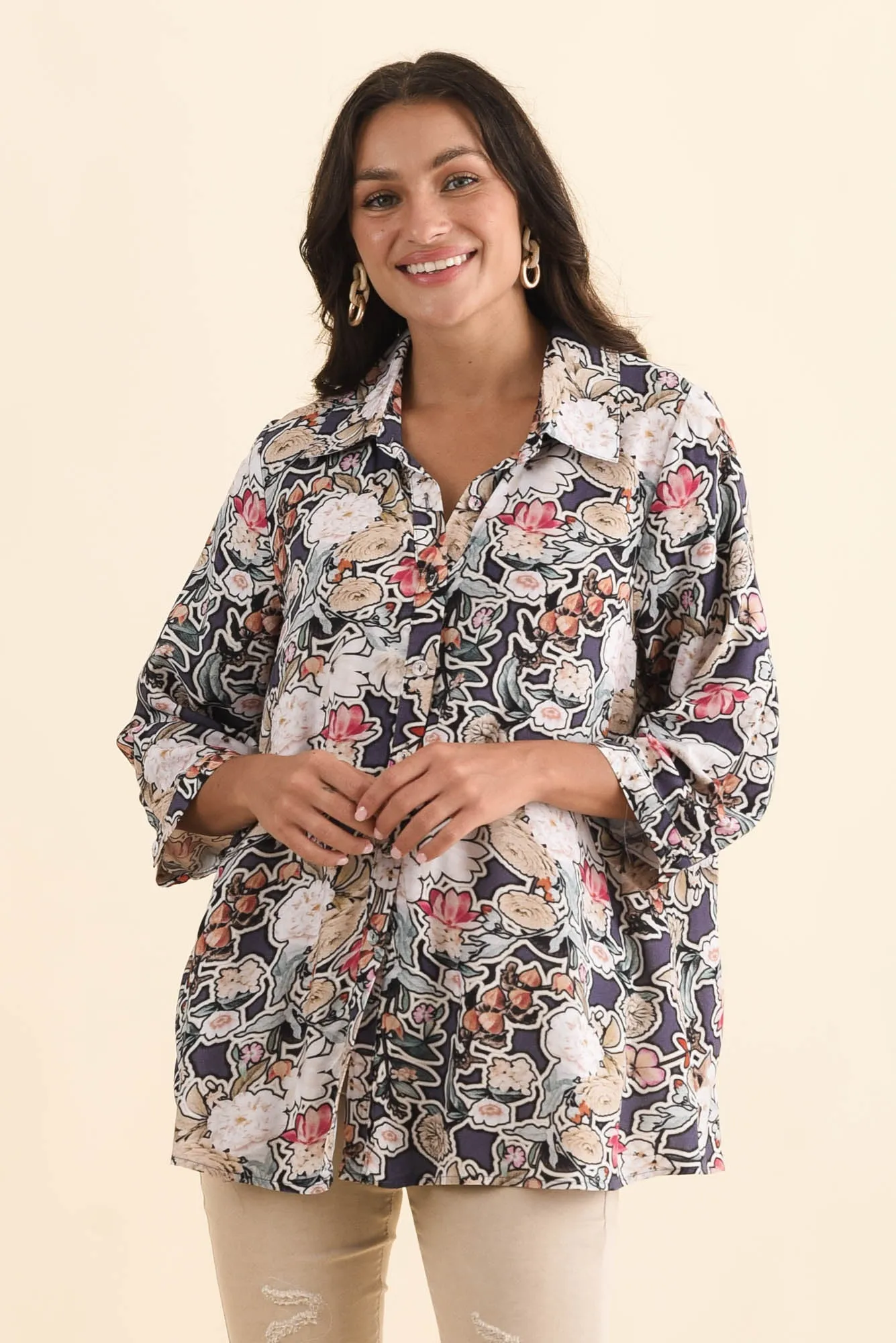 Shanae Navy Garden Collared Shirt sold by Blue Bungalow