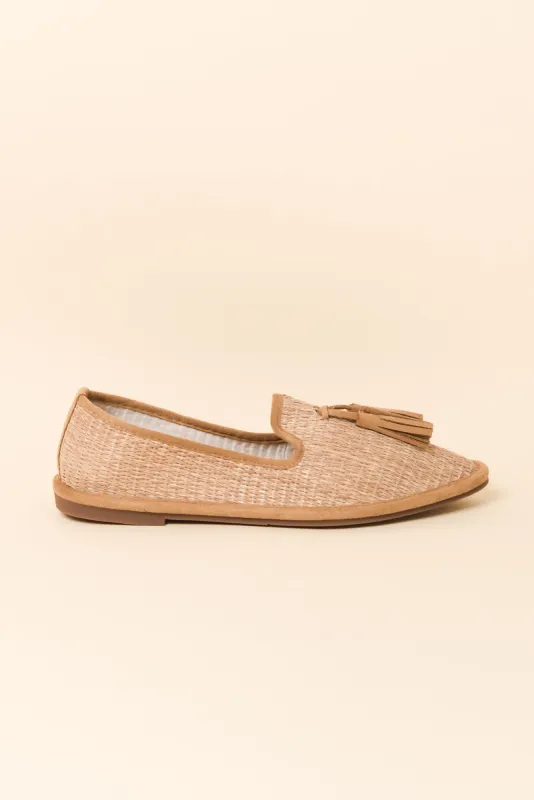 Jia Camel Raffia Tassel Loafer made by Blue Bungalow