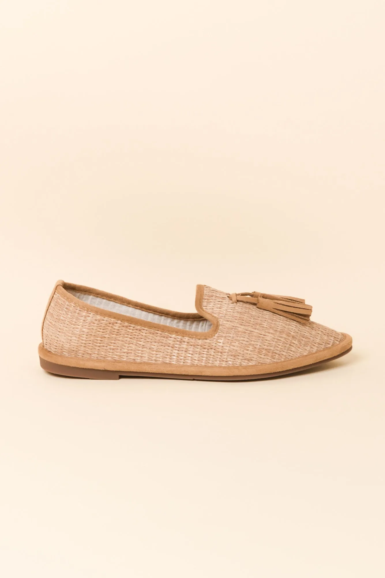 Jia Camel Raffia Tassel Loafer sold by Blue Bungalow