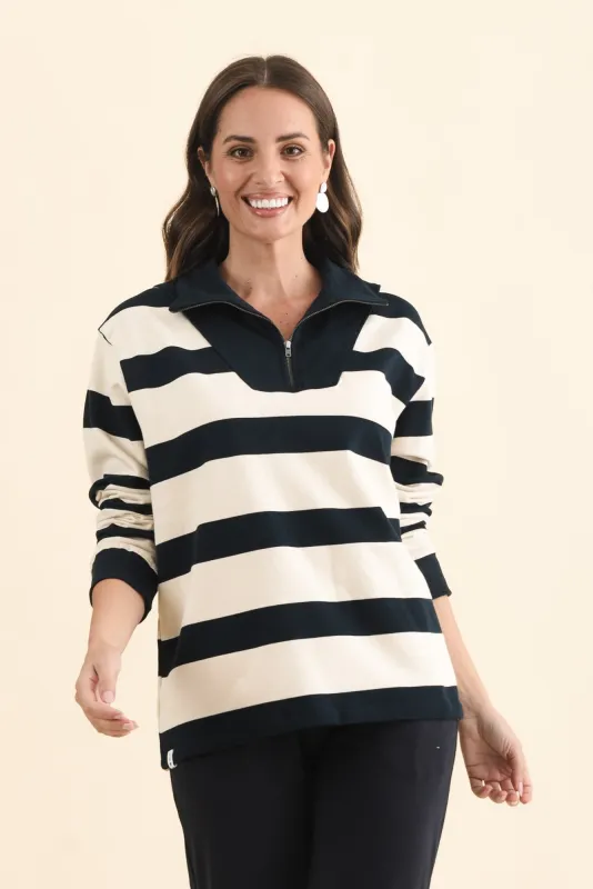 Jade Navy Stripe Cotton Half Zip Sweatshirt made by Elm Lifestyle