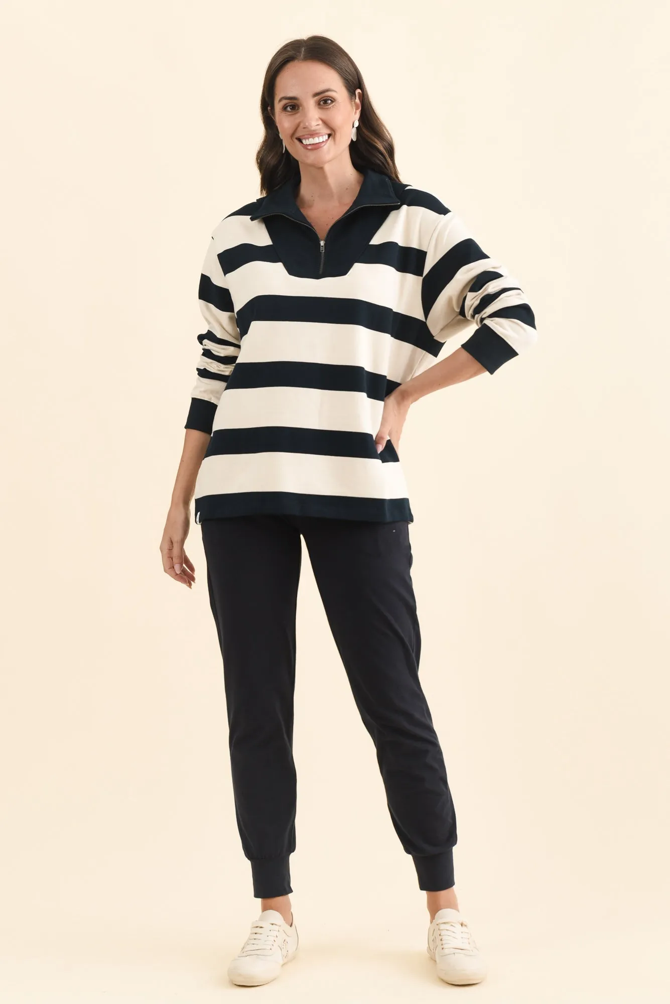 Jade Navy Stripe Cotton Half Zip Sweatshirt sold by Blue Bungalow product image thumbnail 2
