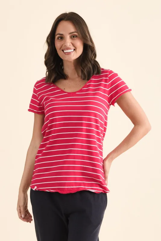 Maggie Fuchsia Stripe Cotton Vee Tee made by Elm Lifestyle
