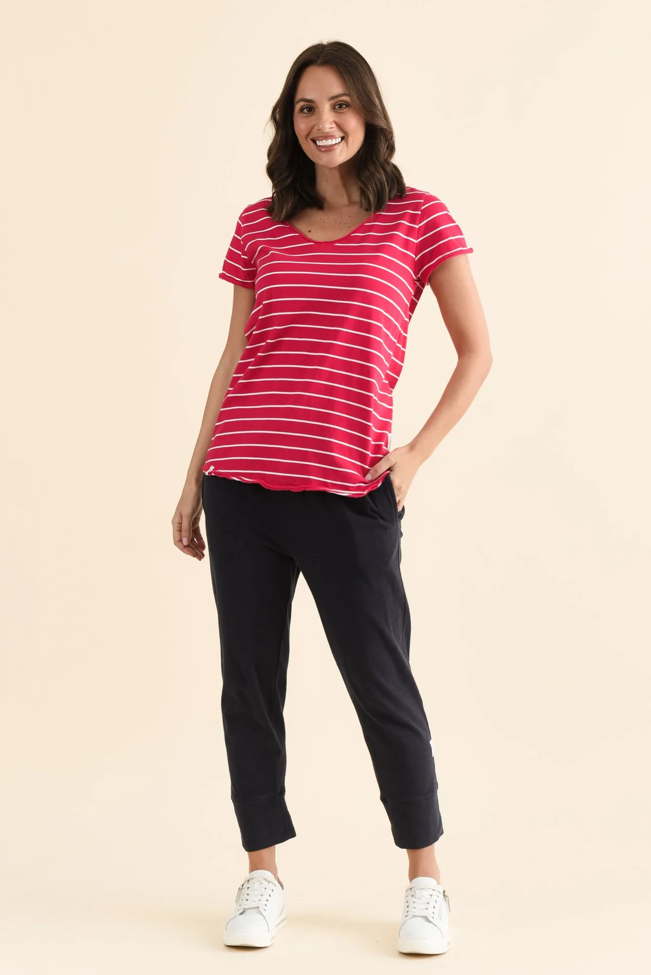 Maggie Fuchsia Stripe Cotton Vee Tee sold by Blue Bungalow product image thumbnail 2