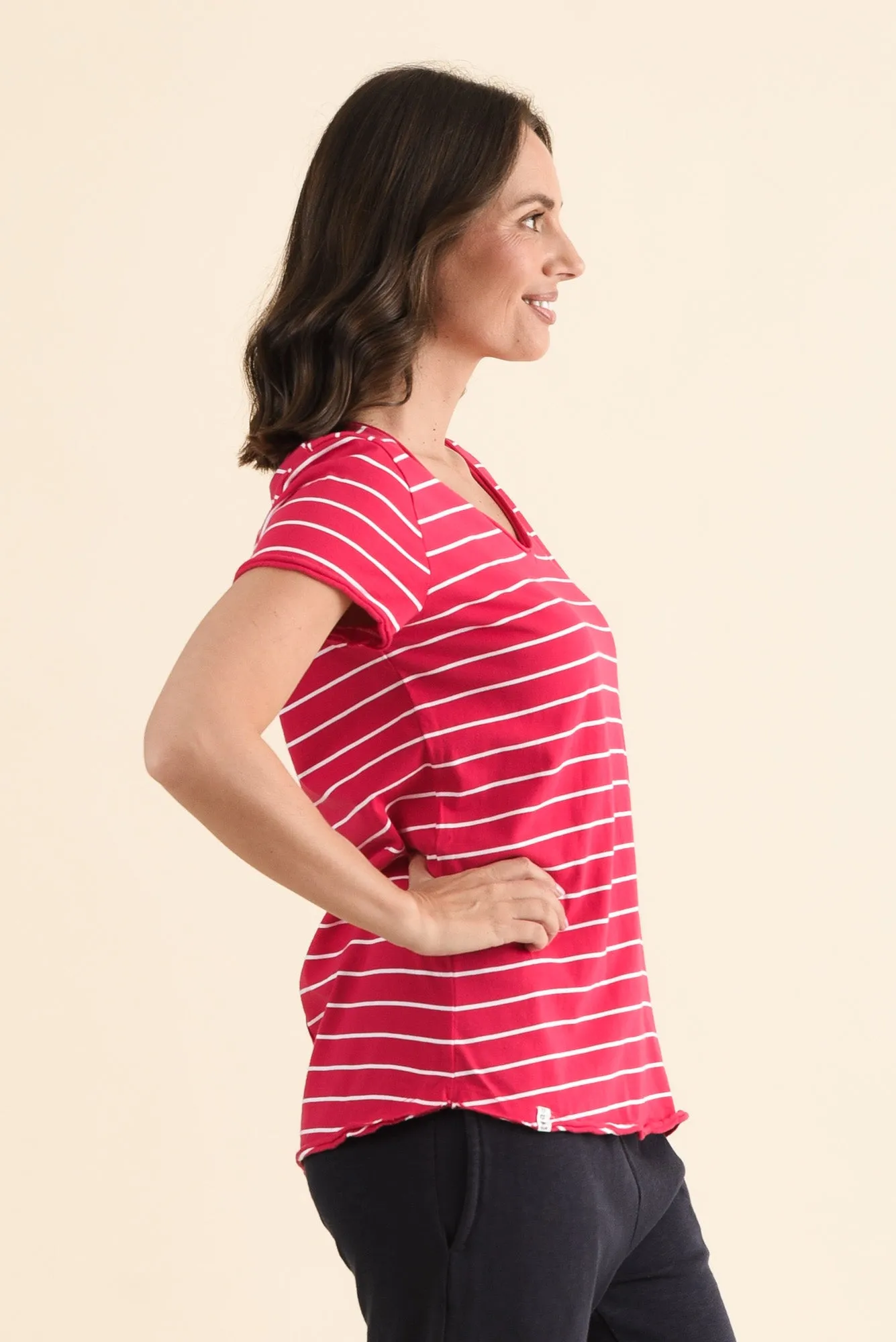 Maggie Fuchsia Stripe Cotton Vee Tee sold by Blue Bungalow product image thumbnail 3