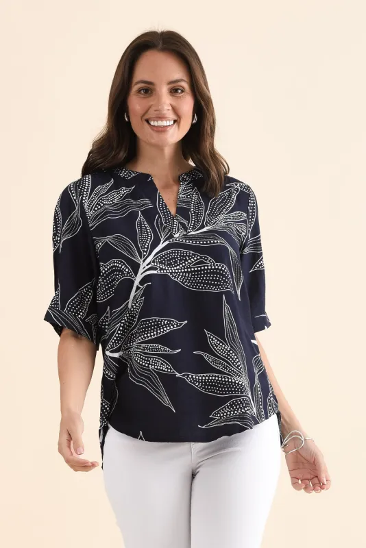 Clements Navy Leaf V Neck Top made by Willow Tree