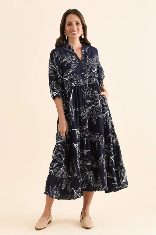 Lillian Navy Leaf Tier Dress made by Willow Tree