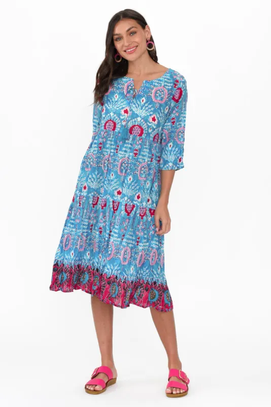 Milana Aqua Motif Crinkle Cotton Dress sold by Blue Bungalow