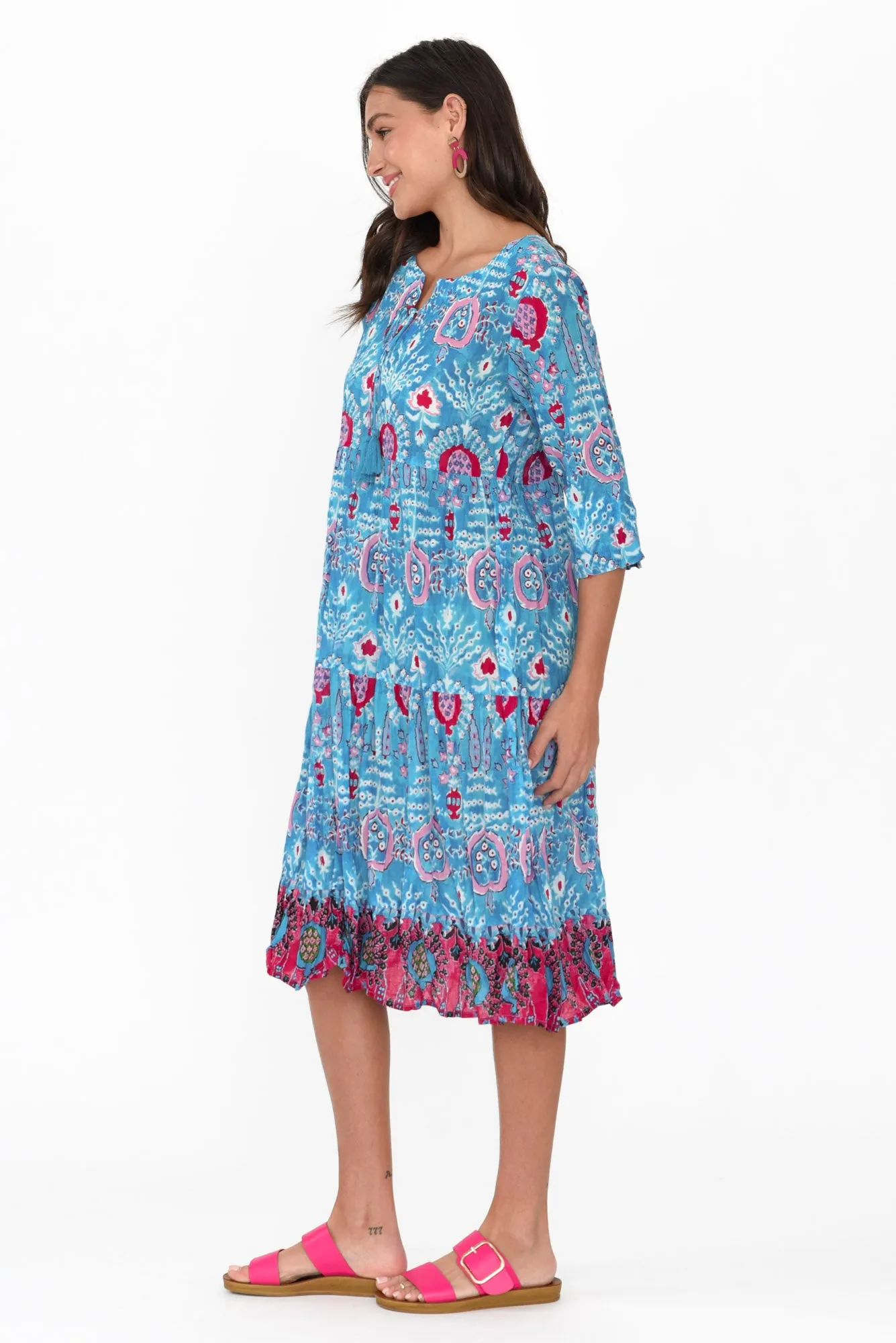 Milana Aqua Motif Crinkle Cotton Dress sold by Blue Bungalow product image thumbnail 3