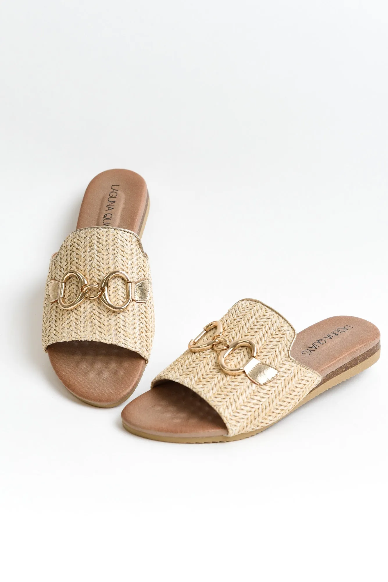 Kandy Beige Raffia Buckle Slide sold by Blue Bungalow