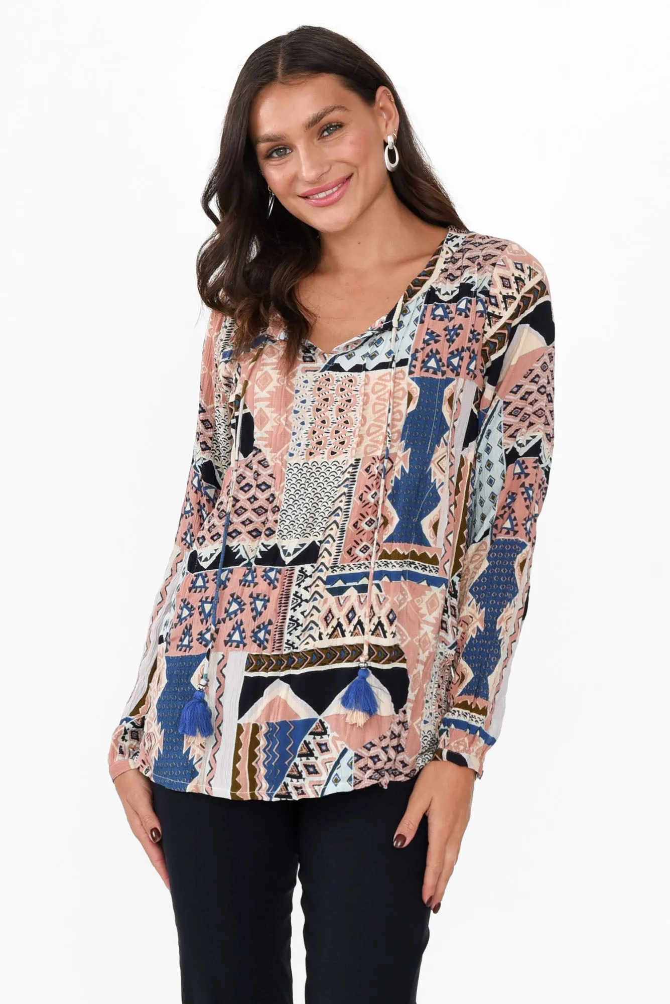 Adena Pink Aztec Round Neck Top sold by Blue Bungalow