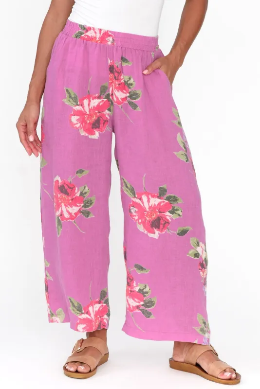Cheyanne Pink Flower Linen Pants sold by Blue Bungalow