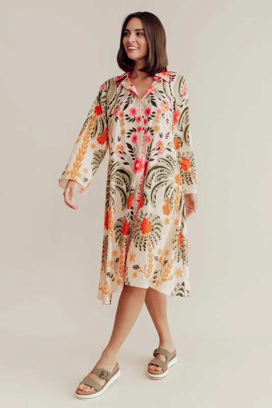 Kaylene Orange Palm Cotton Shirt Dress sold by Blue Bungalow