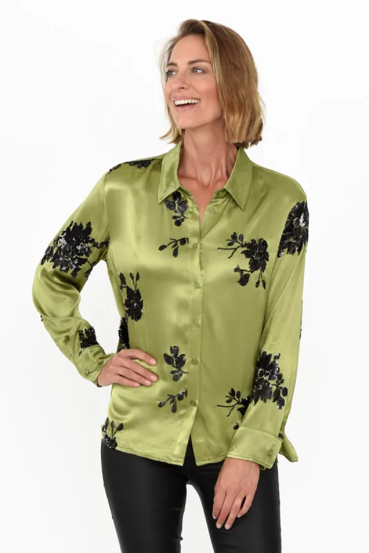 Sabelle Khaki Flower Sequin Shirt sold by Blue Bungalow