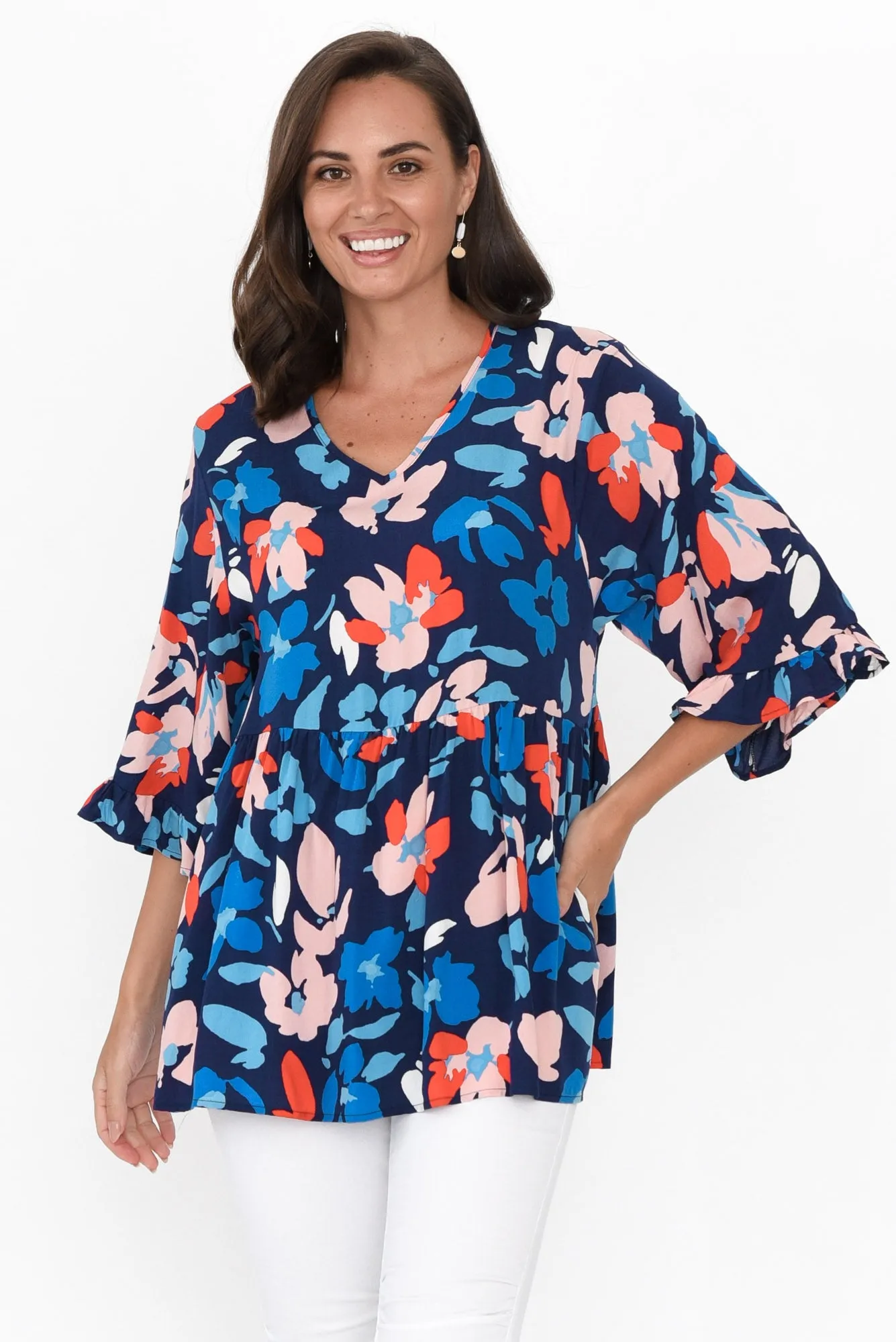 Renee Blue Bouquet Frill Top sold by Blue Bungalow