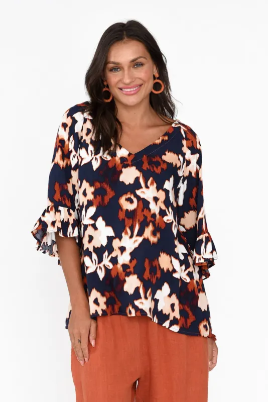 Juli Navy Floral Frill Sleeve Top sold by Blue Bungalow