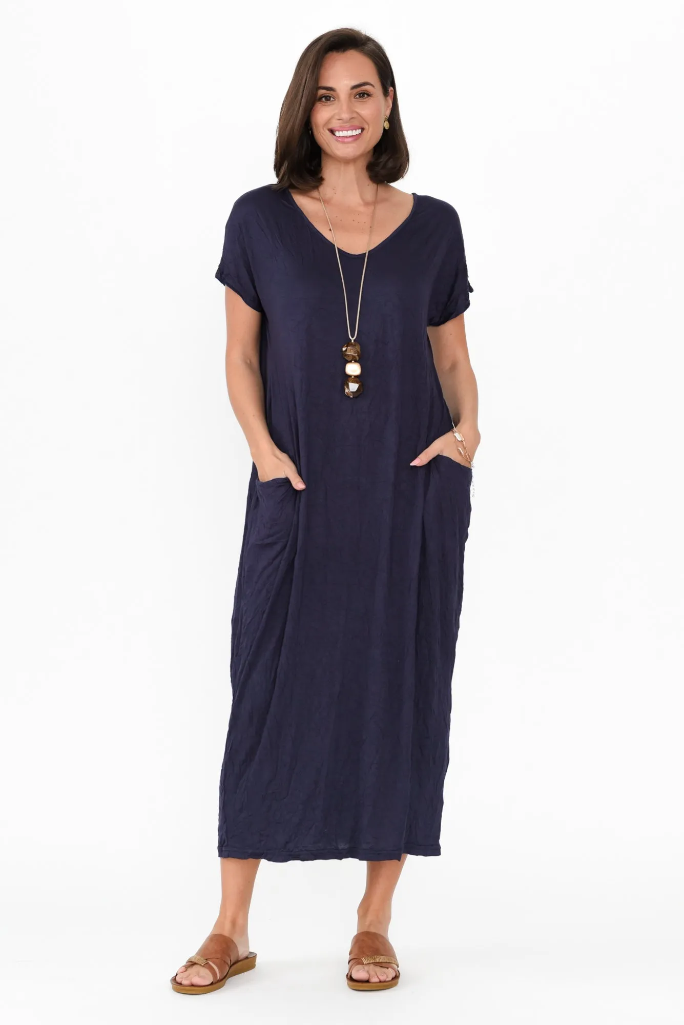 Travel Dark Navy Crinkle Cotton Maxi Dress sold by Blue Bungalow
