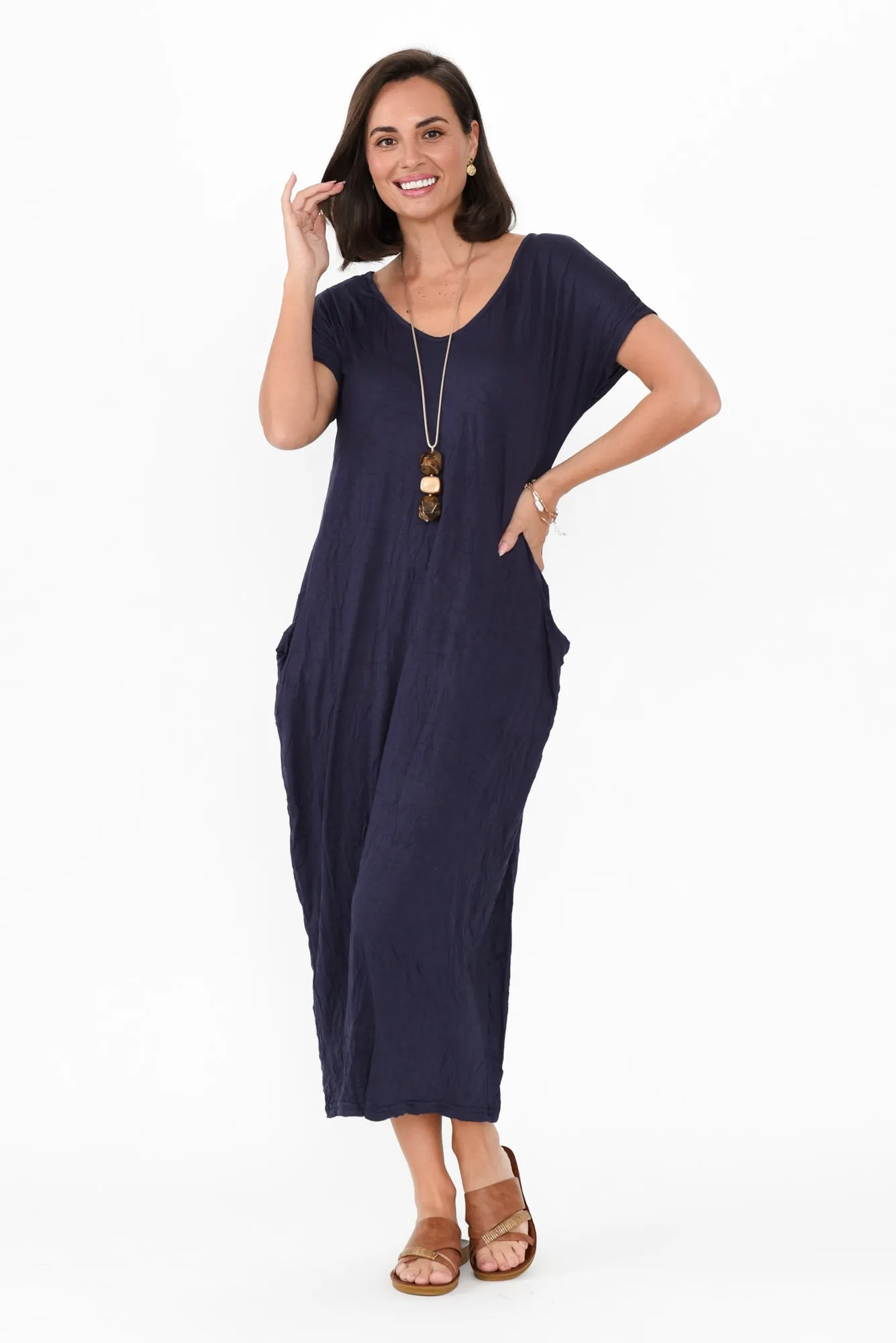 Travel Dark Navy Crinkle Cotton Maxi Dress sold by Blue Bungalow product image thumbnail 2