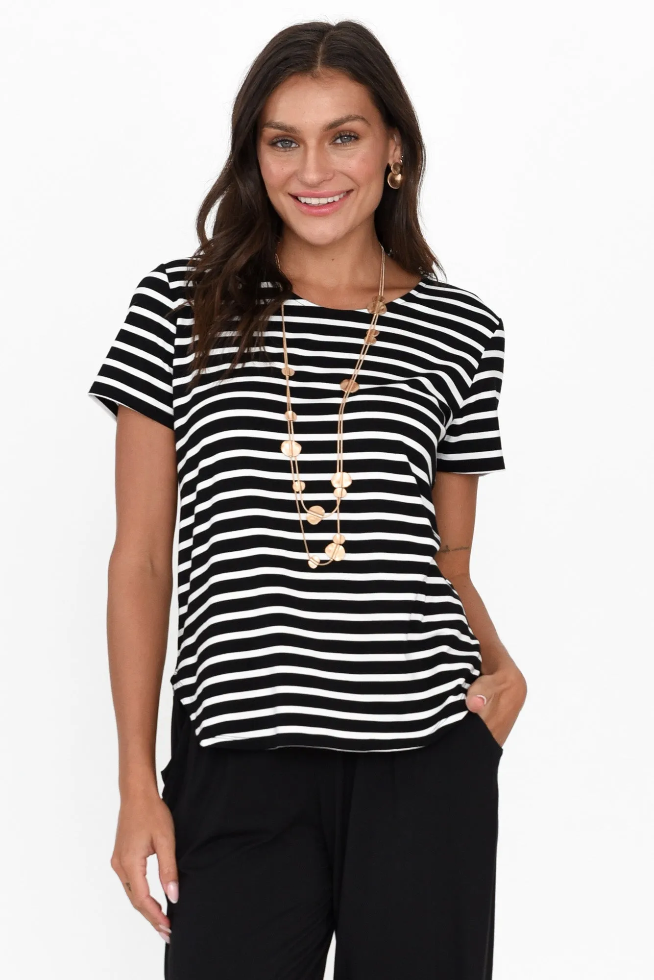 Janis Black Stripe Bamboo Tee sold by Blue Bungalow