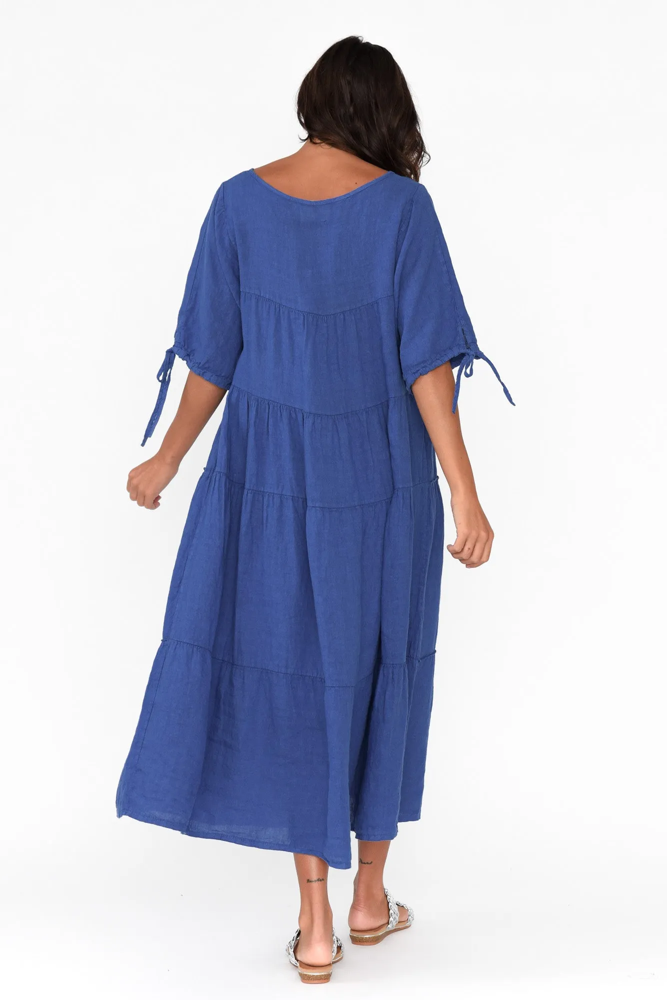 Prairie Cobalt Gathered Linen Dress sold by Blue Bungalow product image thumbnail 4