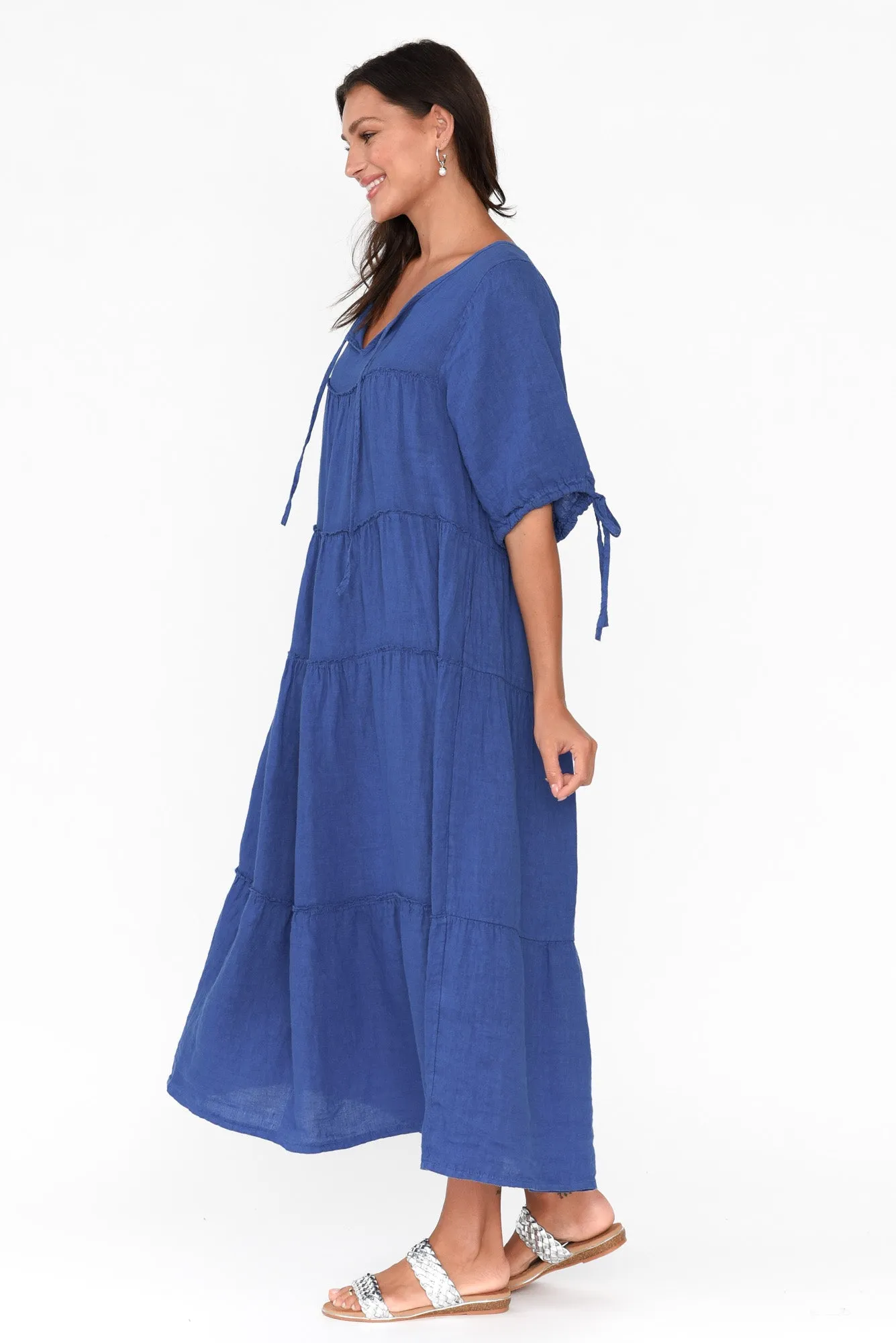 Prairie Cobalt Gathered Linen Dress sold by Blue Bungalow product image thumbnail 3