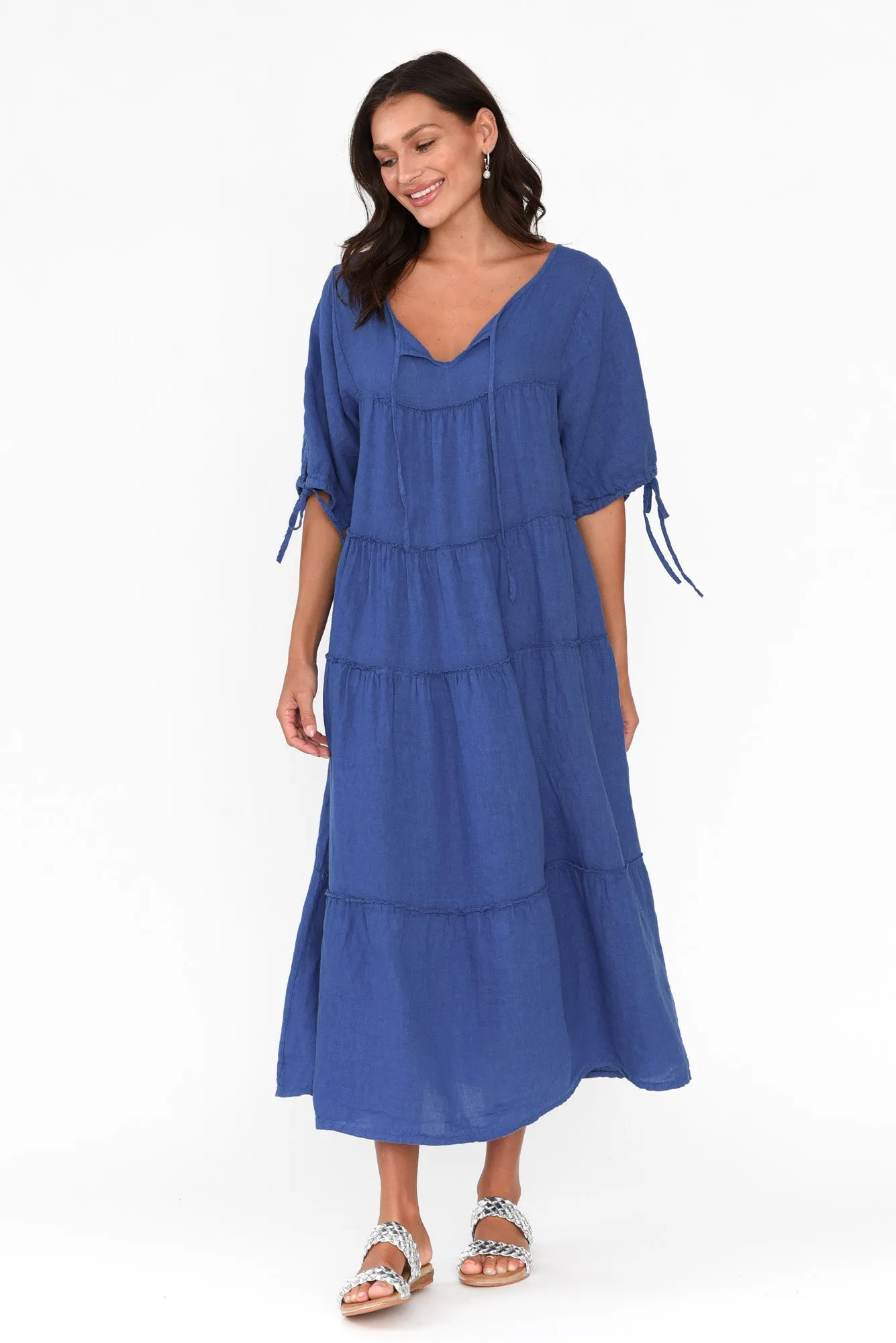 Prairie Cobalt Gathered Linen Dress sold by Blue Bungalow