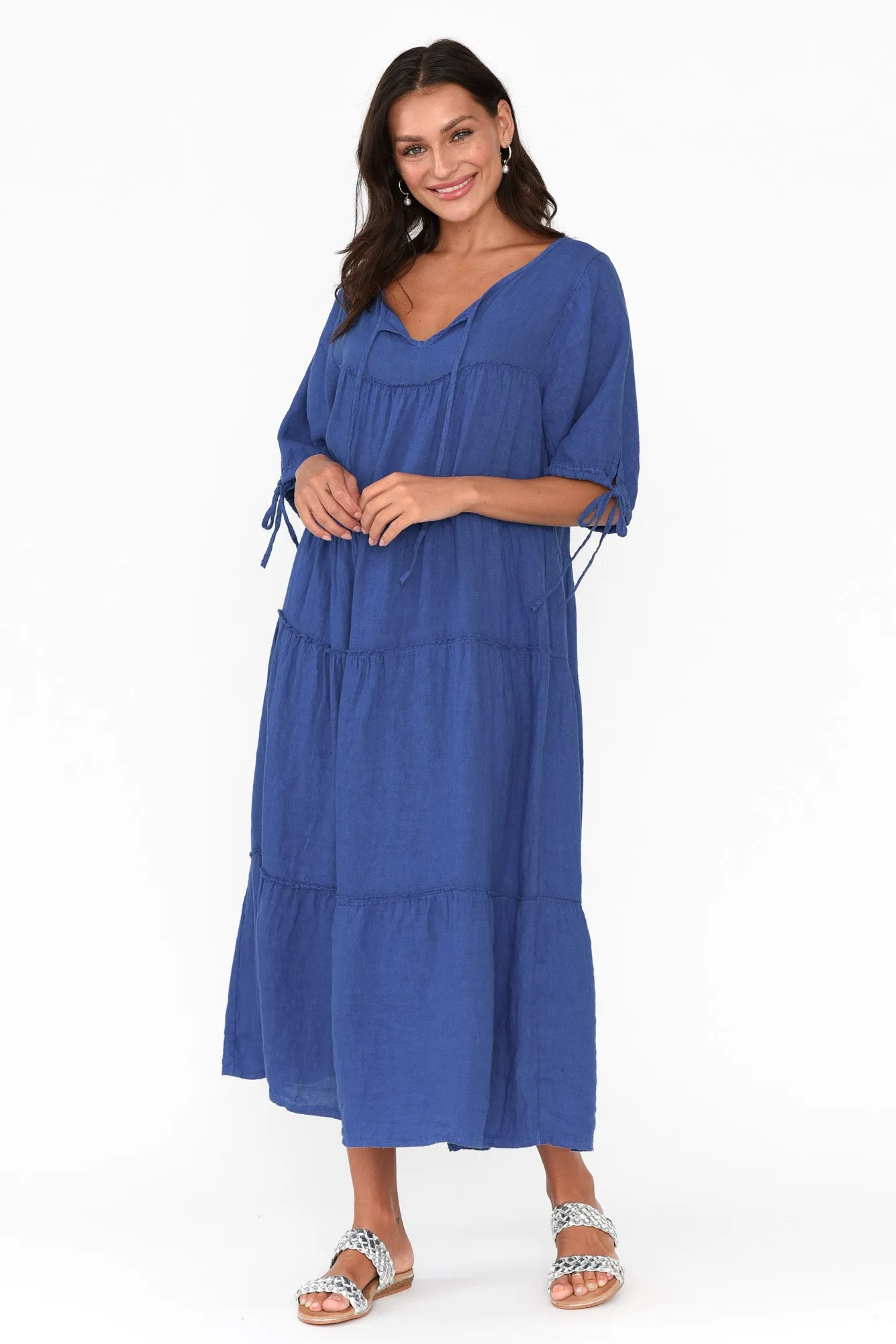 Prairie Cobalt Gathered Linen Dress sold by Blue Bungalow product image thumbnail 2