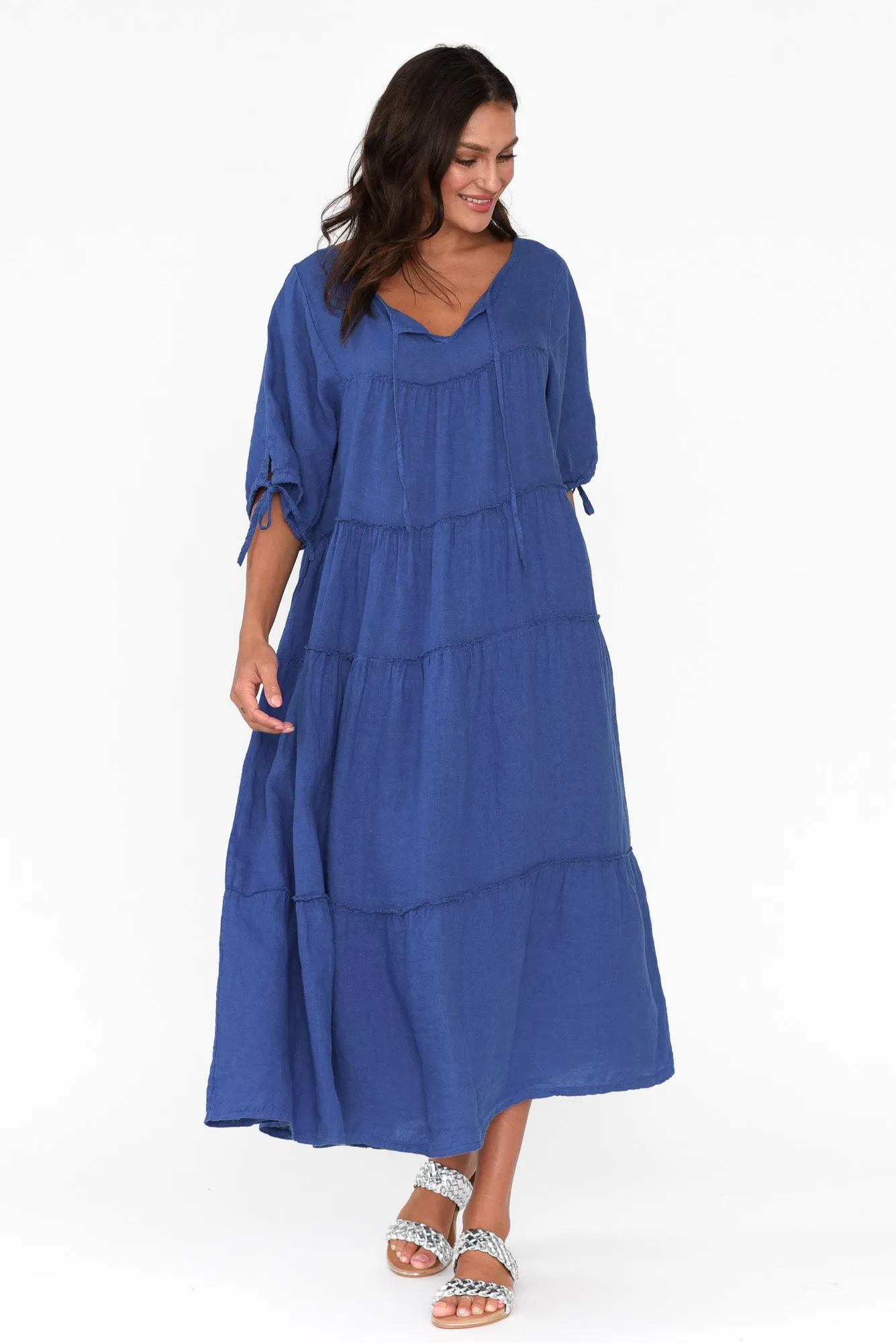 Prairie Cobalt Gathered Linen Dress sold by Blue Bungalow product image thumbnail 5