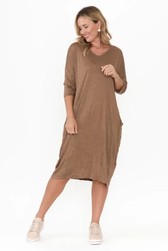 Travel Brown Crinkle Cotton Sleeved Dress sold by Blue Bungalow