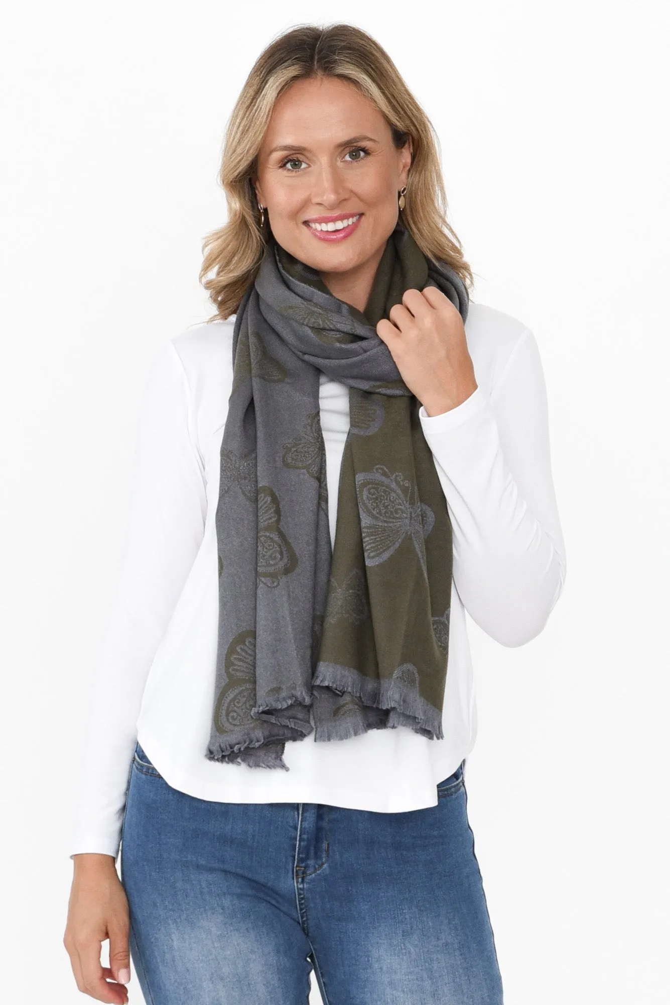 Gania Khaki Butterfly Scarf sold by Blue Bungalow