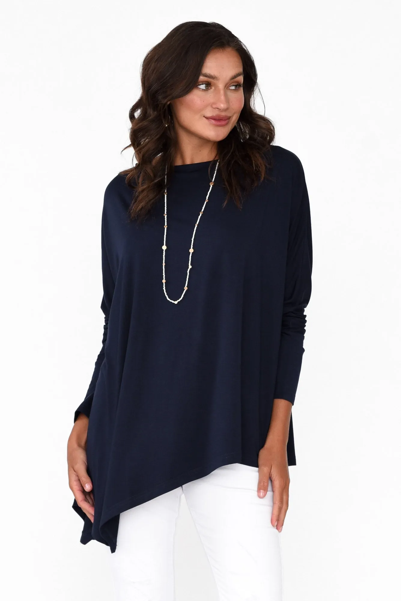 Susie Navy Asymmetrical Bamboo Top sold by Blue Bungalow