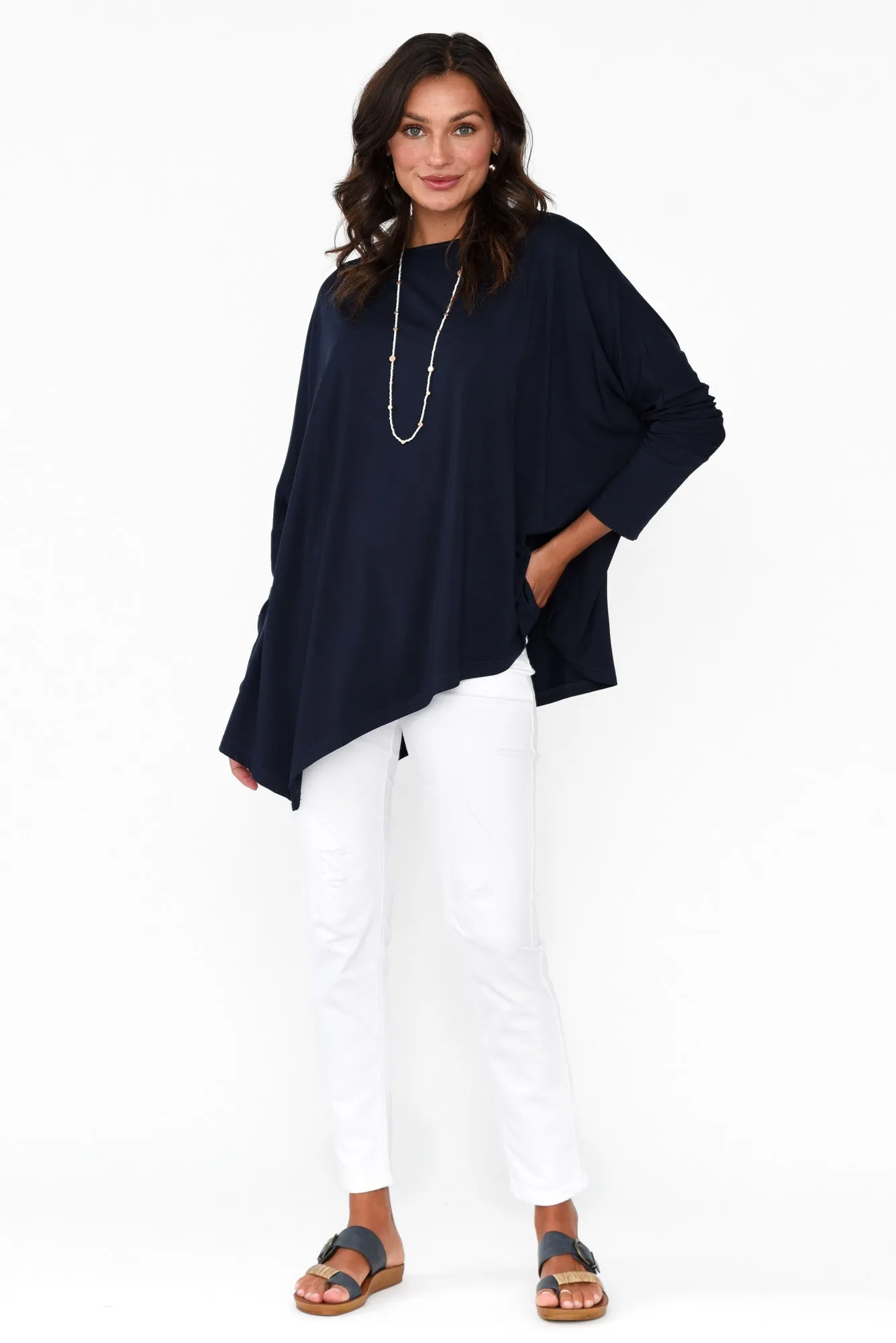 Susie Navy Asymmetrical Bamboo Top sold by Blue Bungalow product image thumbnail 5
