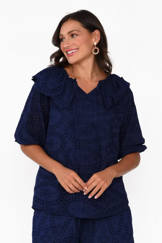 Elowen Navy Embroidered Cotton Top sold by Blue Bungalow