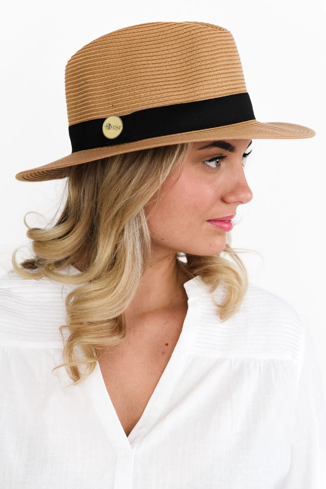 Caramel Wide Brim Travel Fedora sold by Blue Bungalow