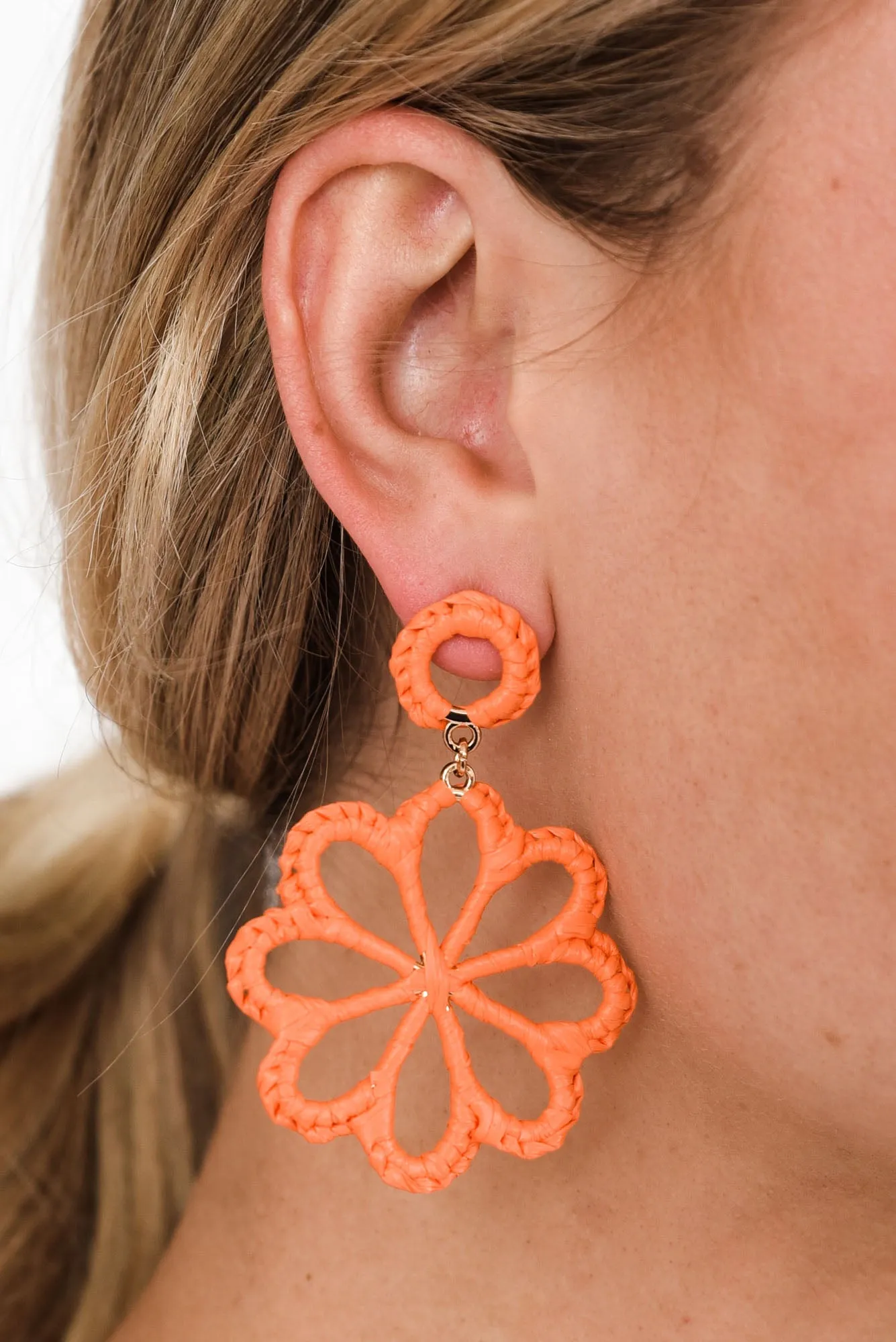 Mirta Orange Raffia Flower Earrings sold by Blue Bungalow