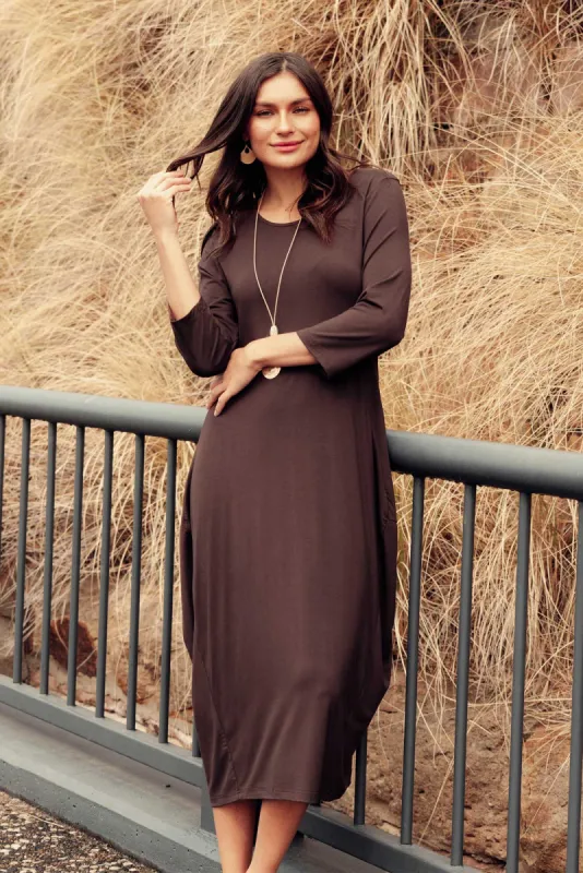 Glenda Chocolate Sleeved Crescent Dress sold by Blue Bungalow