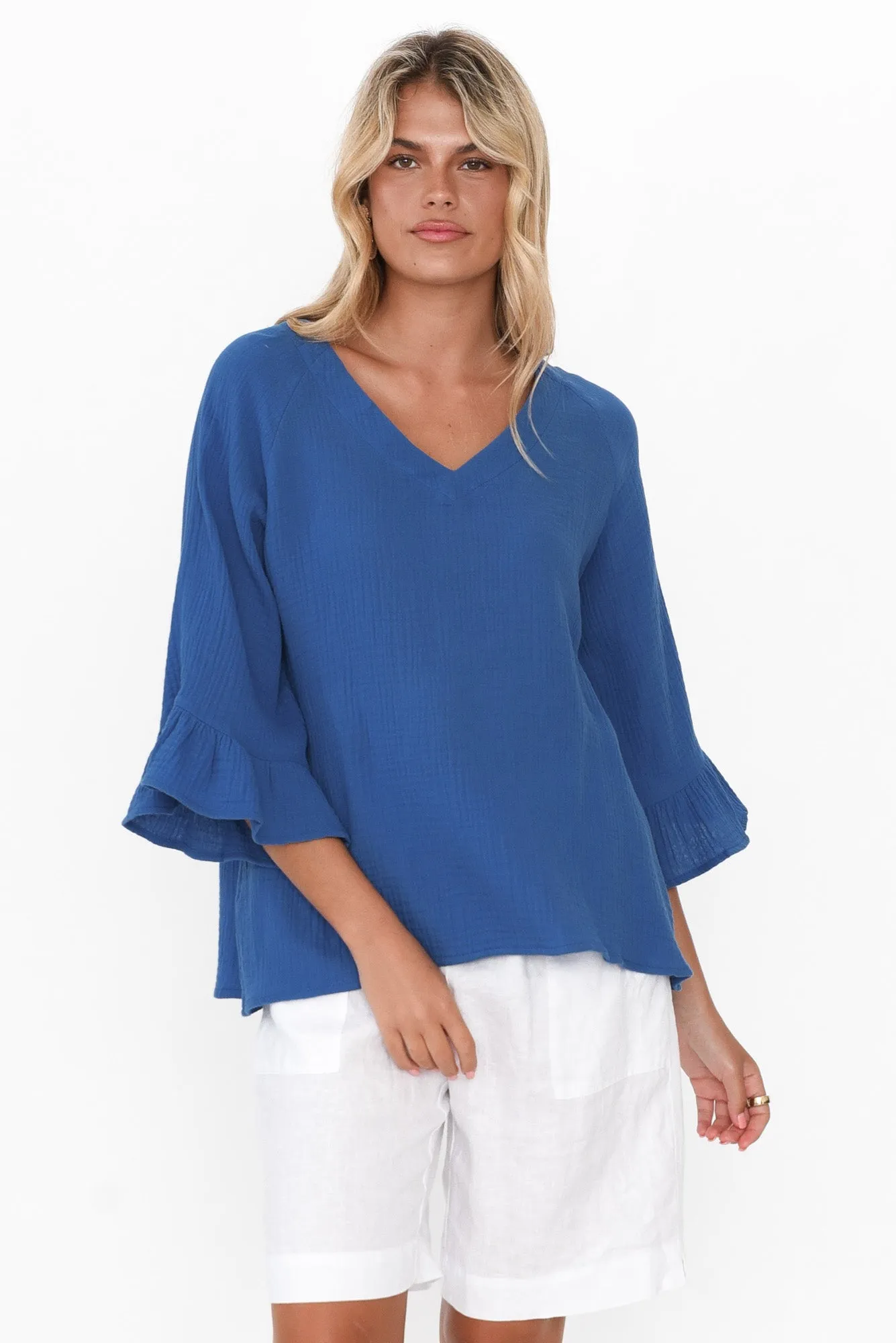 Anissa Cobalt Cotton Frill Top sold by Blue Bungalow