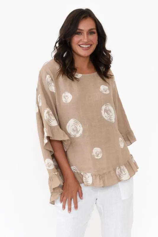 Fitzgerald Natural Spot Linen Frill Top sold by Blue Bungalow