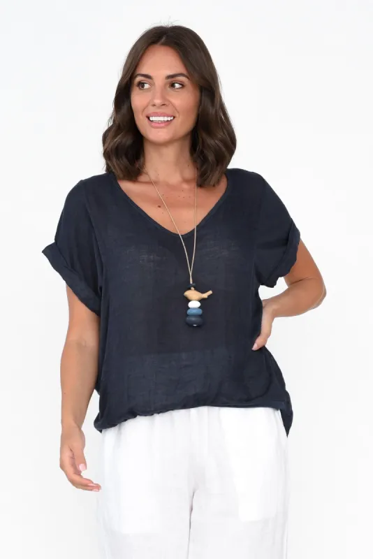 Effie Navy Linen Tee sold by Blue Bungalow