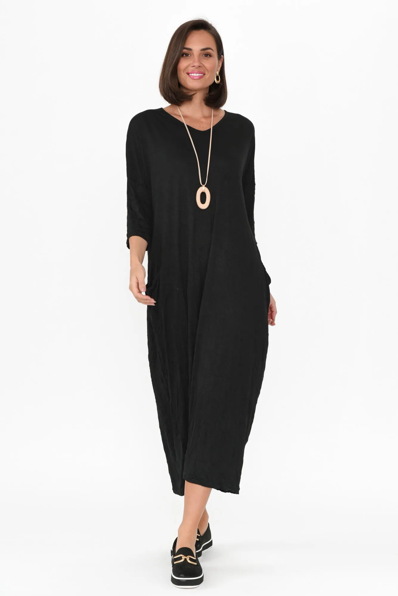 Travel Black Crinkle Cotton Sleeved Maxi Dress sold by Blue Bungalow