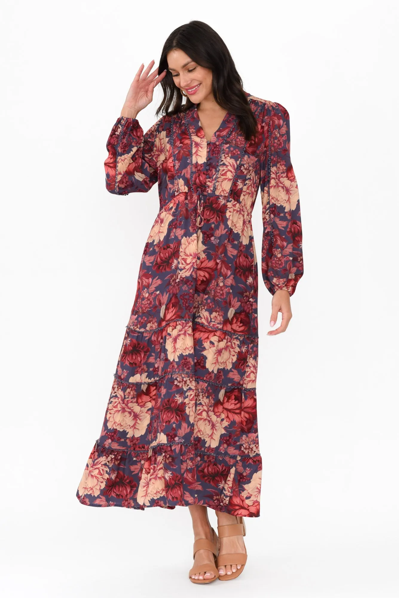 Berry Kiss Red Floral Linen Blend Dress sold by Blue Bungalow product image thumbnail 2