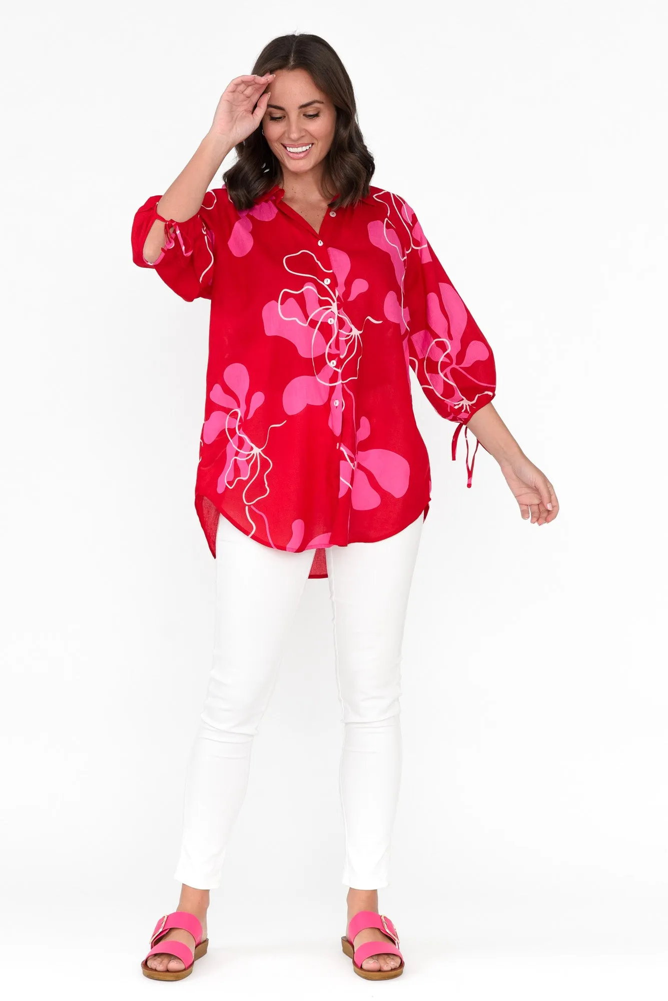 Fenella Red Blossom Cotton Shirt sold by Blue Bungalow product image thumbnail 2