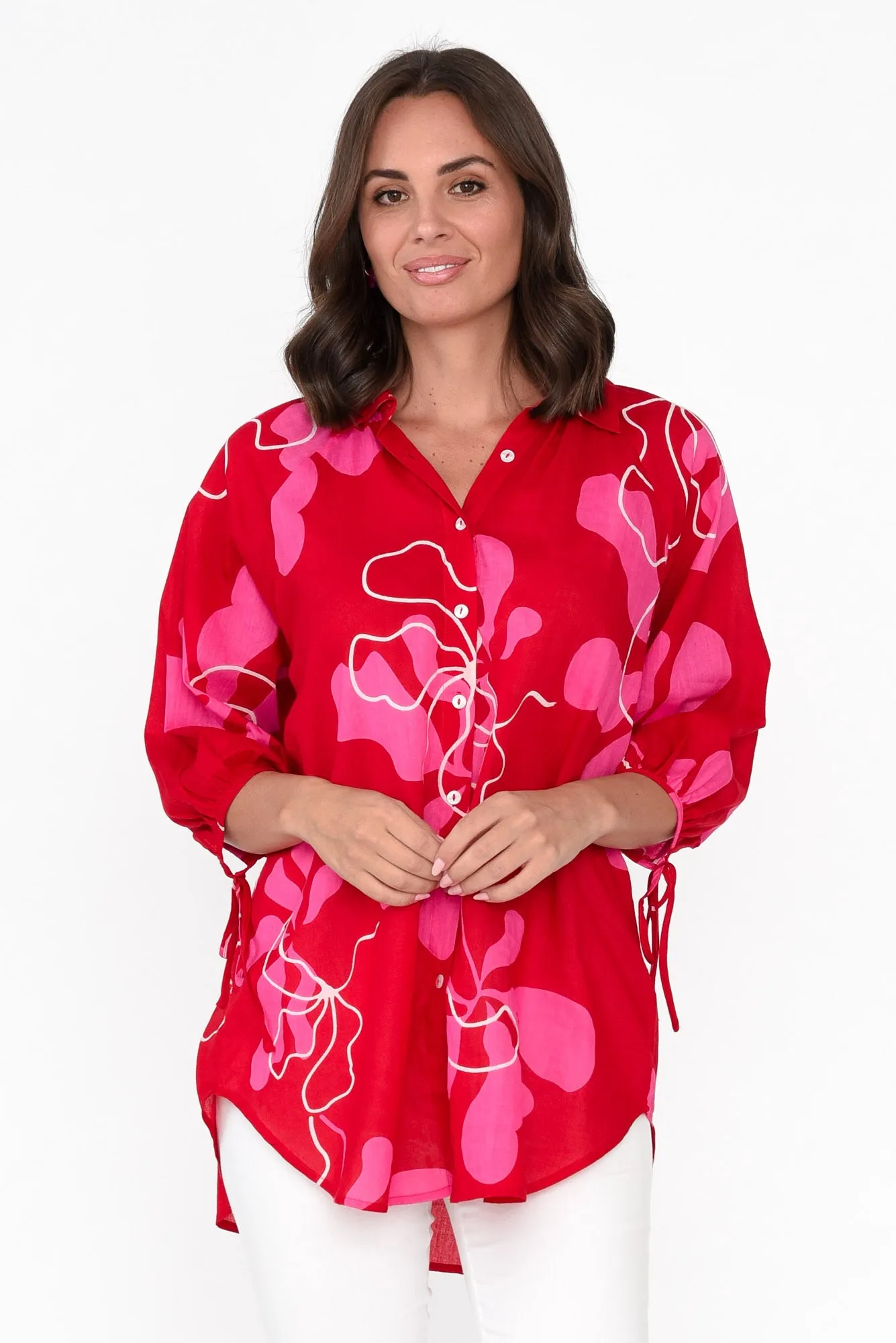 Fenella Red Blossom Cotton Shirt sold by Blue Bungalow