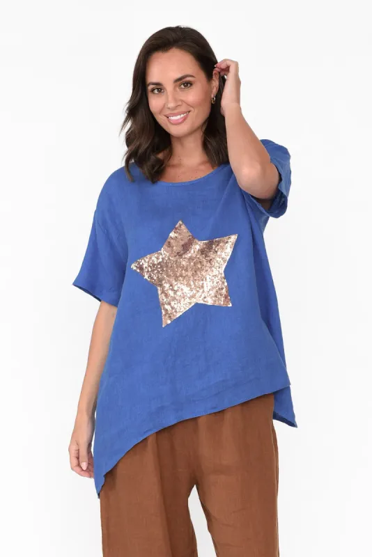 Romy Cobalt Linen Sequin Star Top sold by Blue Bungalow