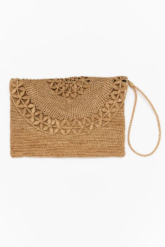 Boka Tan Raffia Clutch sold by Blue Bungalow