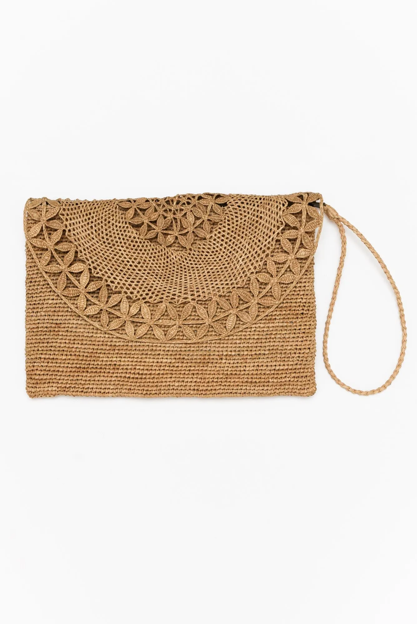 Boka Tan Raffia Clutch sold by Blue Bungalow
