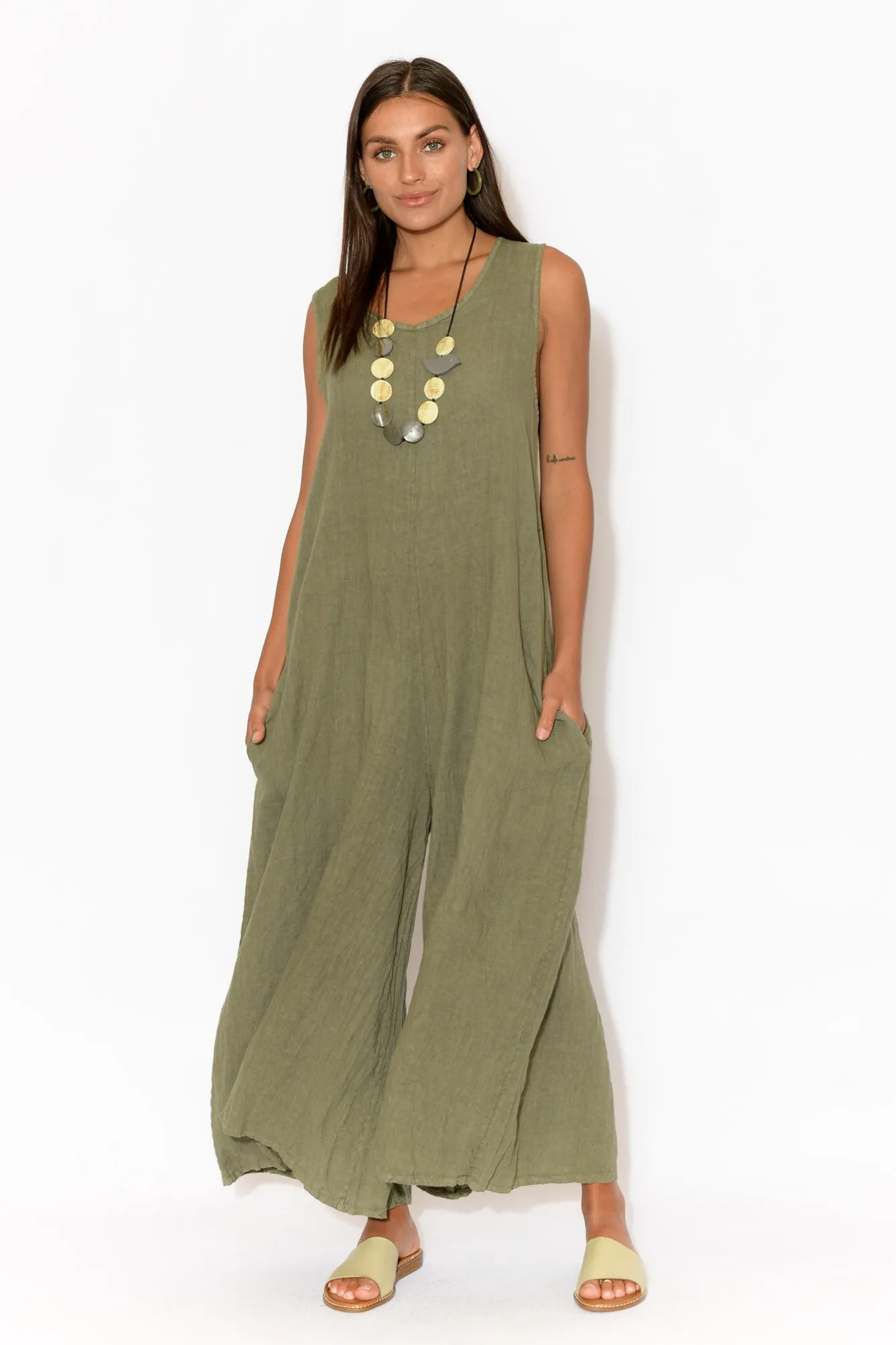 Fay Khaki Linen Jumpsuit sold by Blue Bungalow