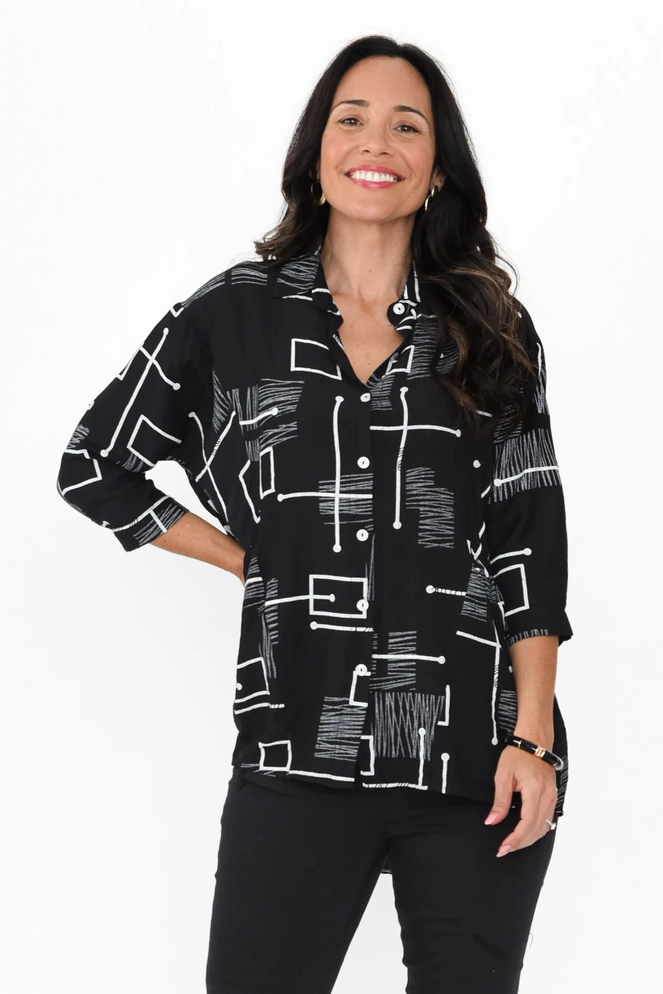Fergus Black Geo Cotton Blend Shirt sold by Blue Bungalow
