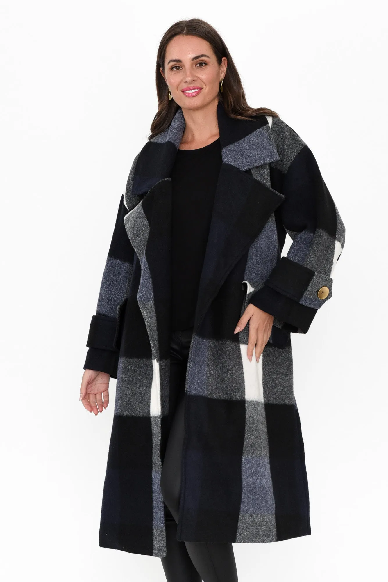 Stranger Navy Check Oversized Coat sold by Blue Bungalow