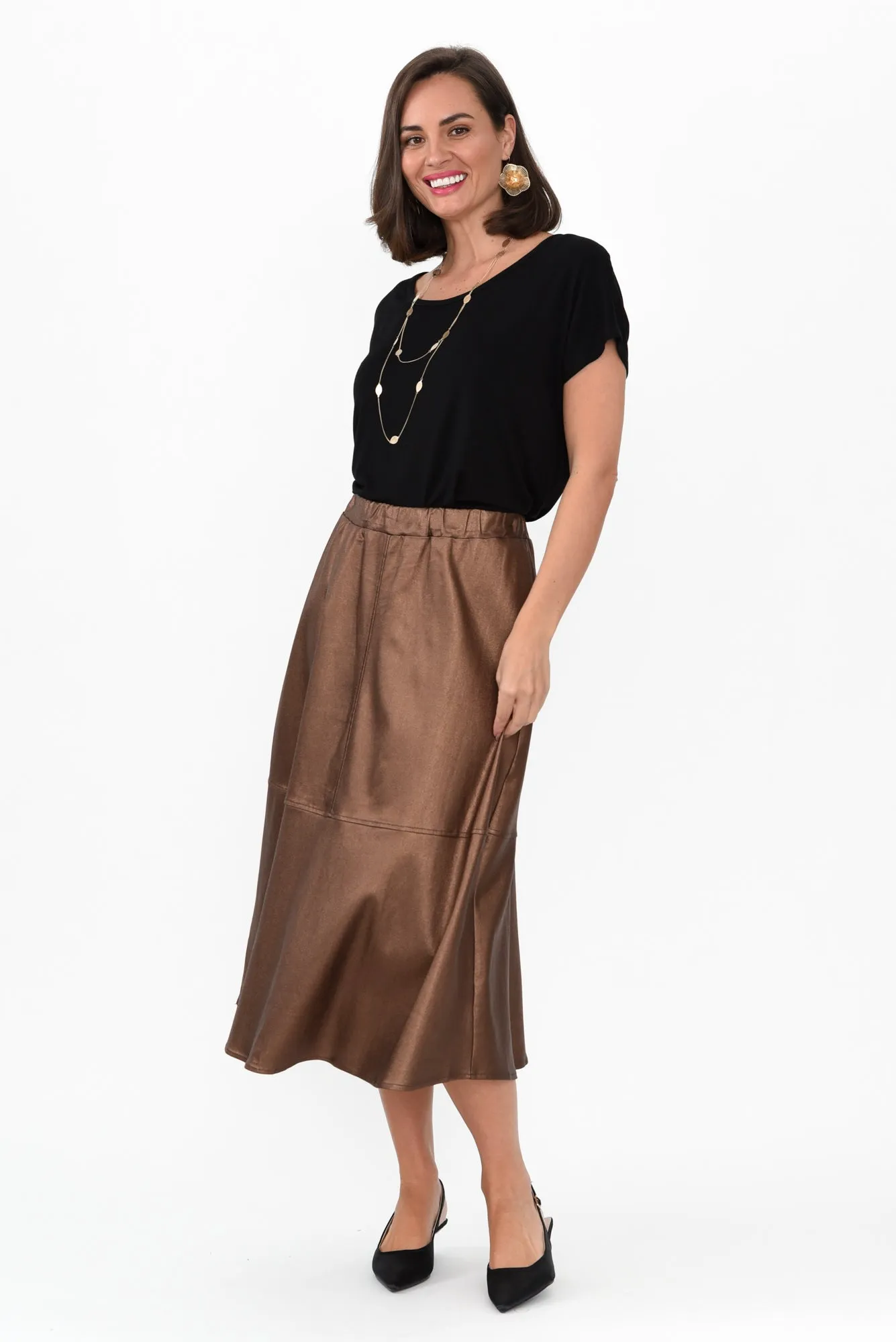 Oriel Bronze Faux Leather Midi Skirt sold by Blue Bungalow product image thumbnail 2